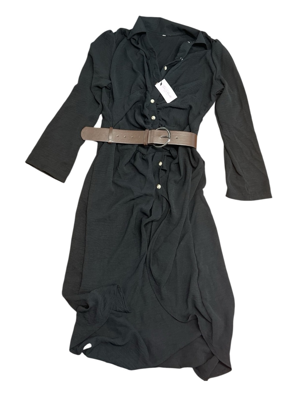 Black Button-Front Shirt Midi Dress with Brown Belt - Picture 4 of 12